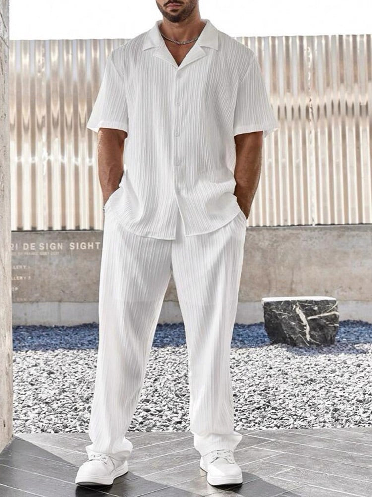 Men's Two-piece Suit Shirt and Elastic Waist Pants Set