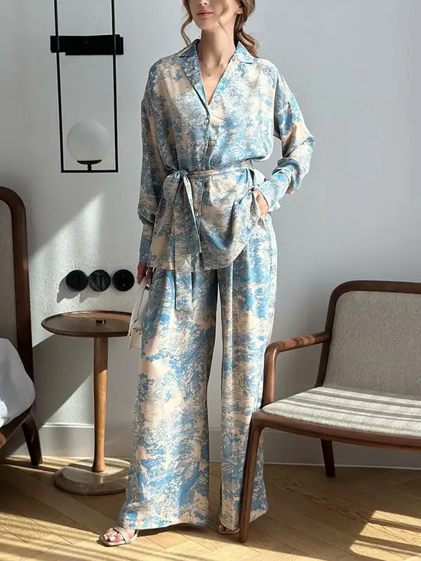 Long Sleeve Buttoned Print Blouse And Pants Set