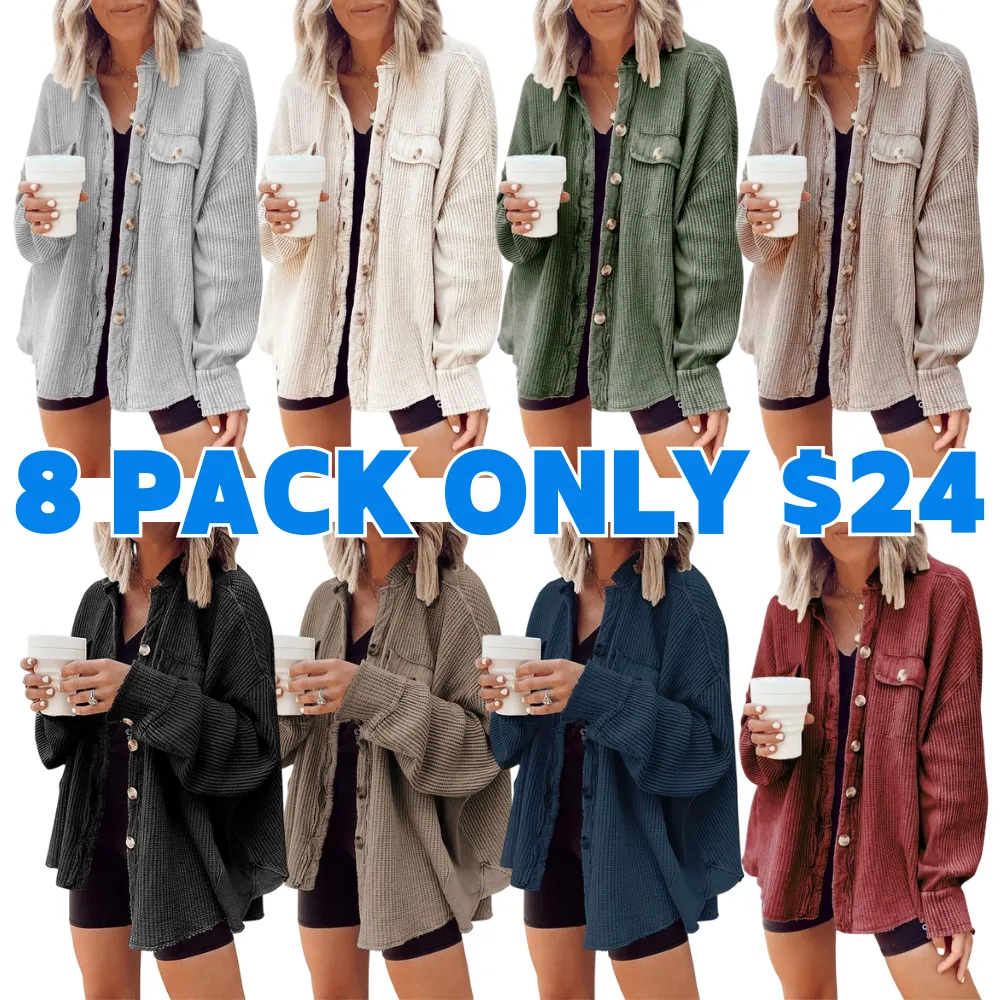Women's Loose Fit Batwing Sleeve Waffle Knit Button Down Shirt