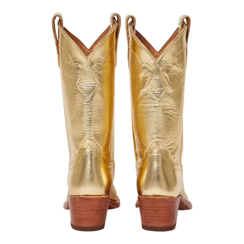 Pull-On Pointed-Toe Chunky-Heel Platform Mid-Calf Boots