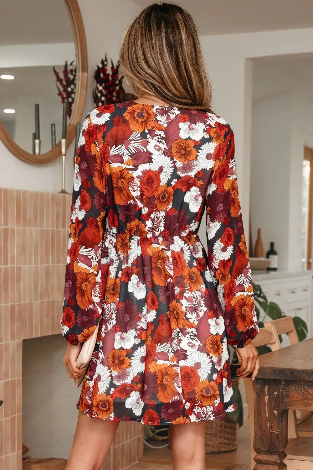 Lightweight Feel Floral Printed V Neck Mini Dress