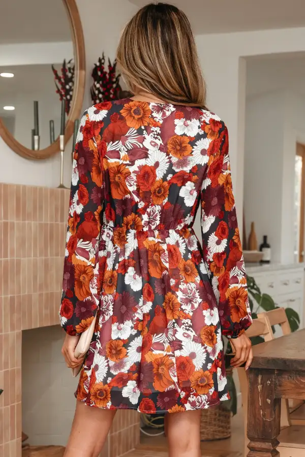 Lightweight Feel Floral Printed V Neck Mini Dress