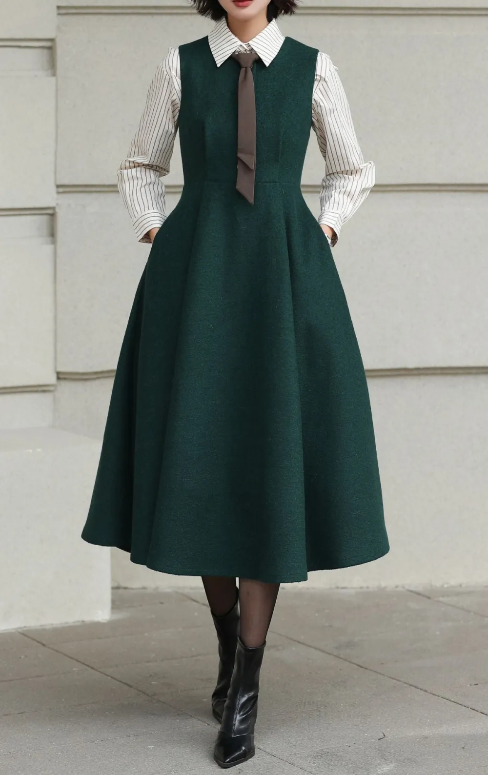 Wool Blend Fit And Flare A Line Sleeveless Midi Dress