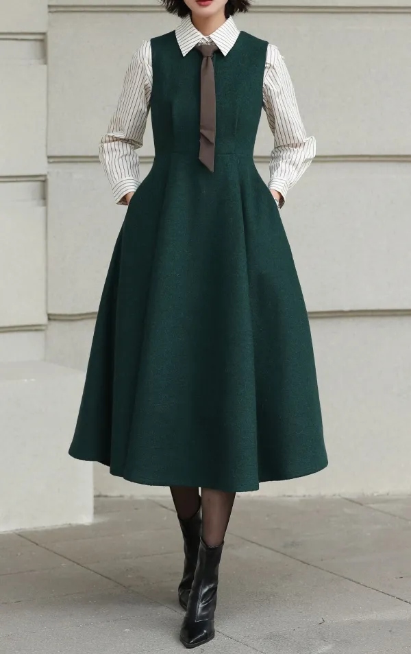 Wool Blend Fit And Flare A Line Sleeveless Midi Dress