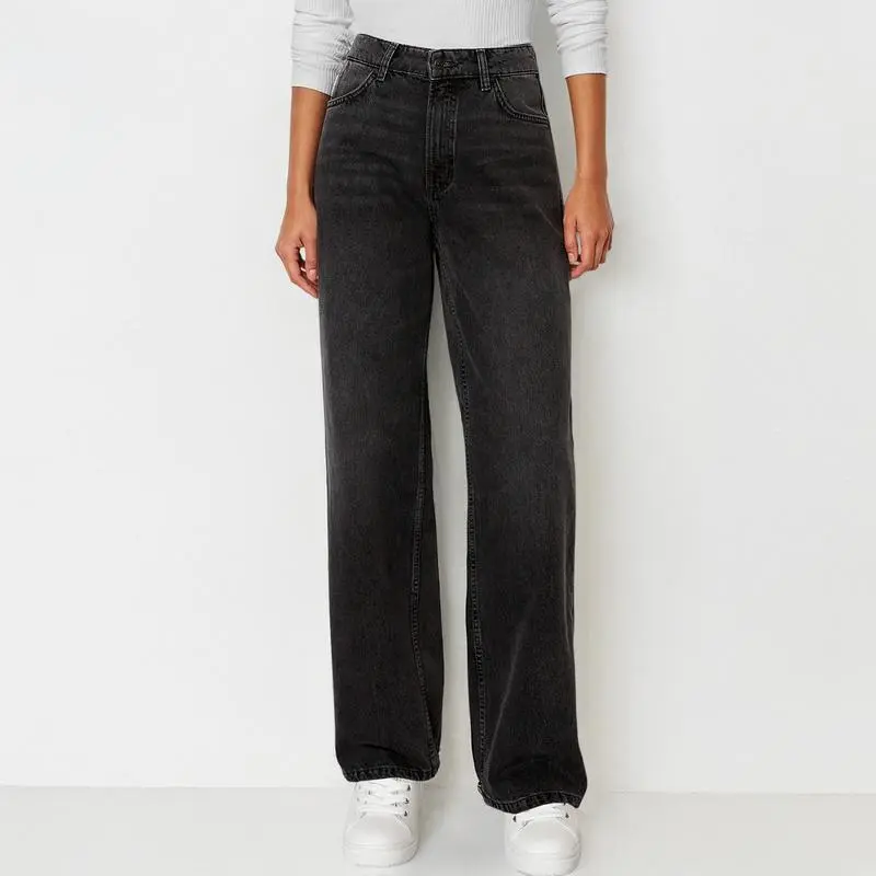Women's simple high-waisted stretch wide-leg jeans