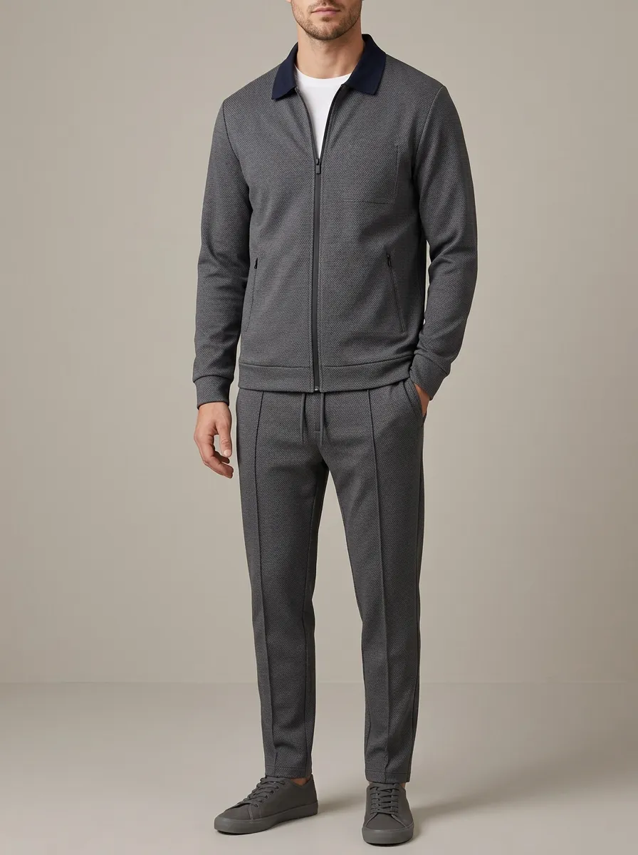Men's Relaxed Textured Zip-Up Minimal Polo Collar Jacket and Jogger Pants Set