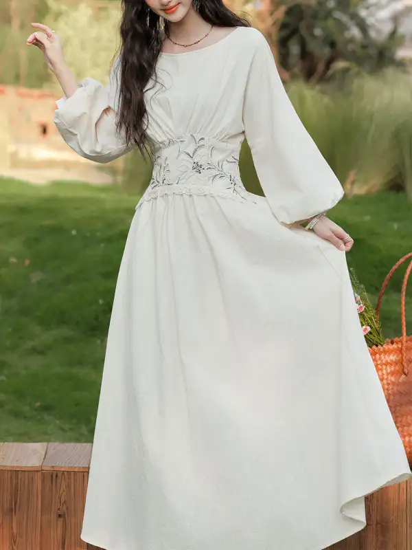 Embroidered Cottagecore Lantern Maxi Dress