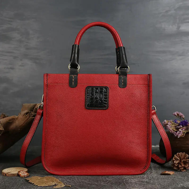 Genuine Cowhide Leather Messenger Bag Vertical Square
