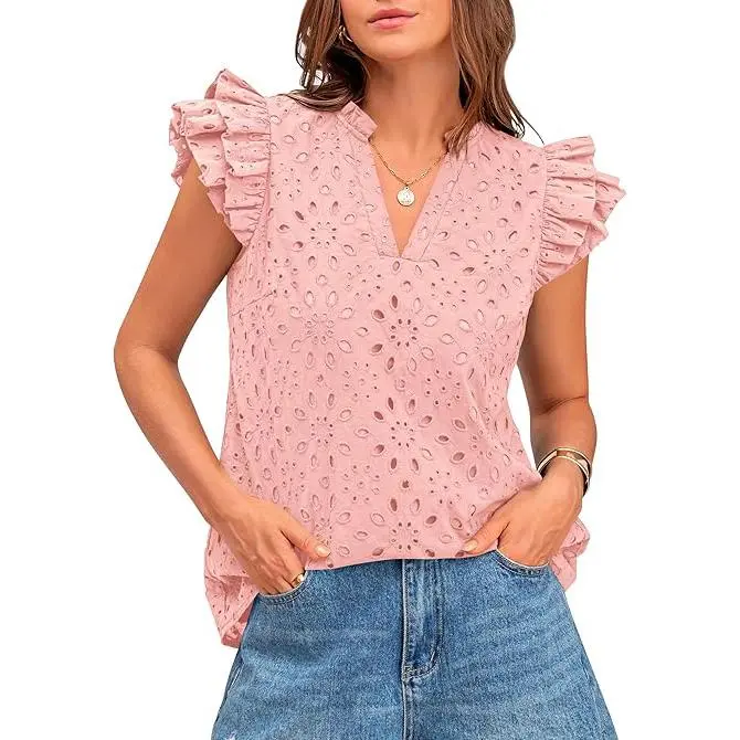 Women Summer Eyelet Tops Dressy Casual V-Neck Ruffle Cap Sleeve Cotton Boho Shirts