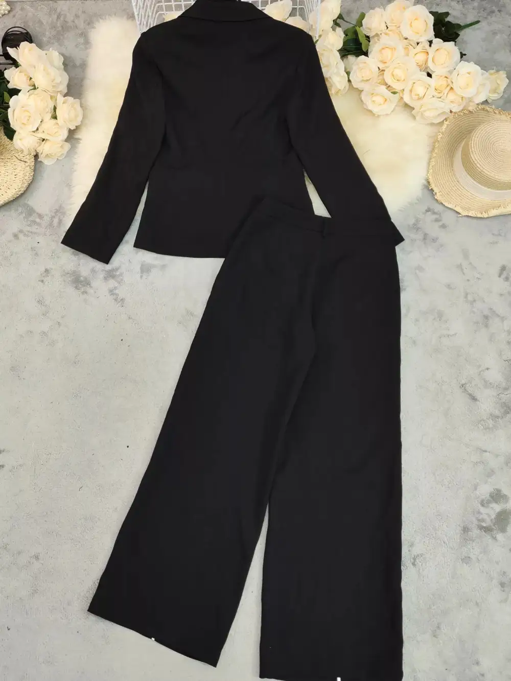Contrast Trim Blazer and Wide Leg Pants Set