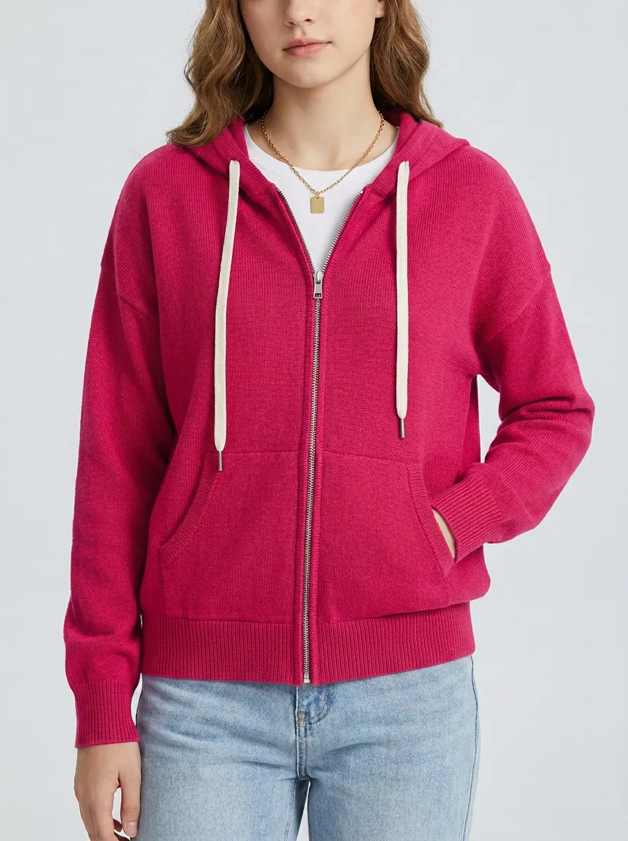 Knit-Texture Drawstring Zip-Up Women's Zip-Up Hooded Jacket