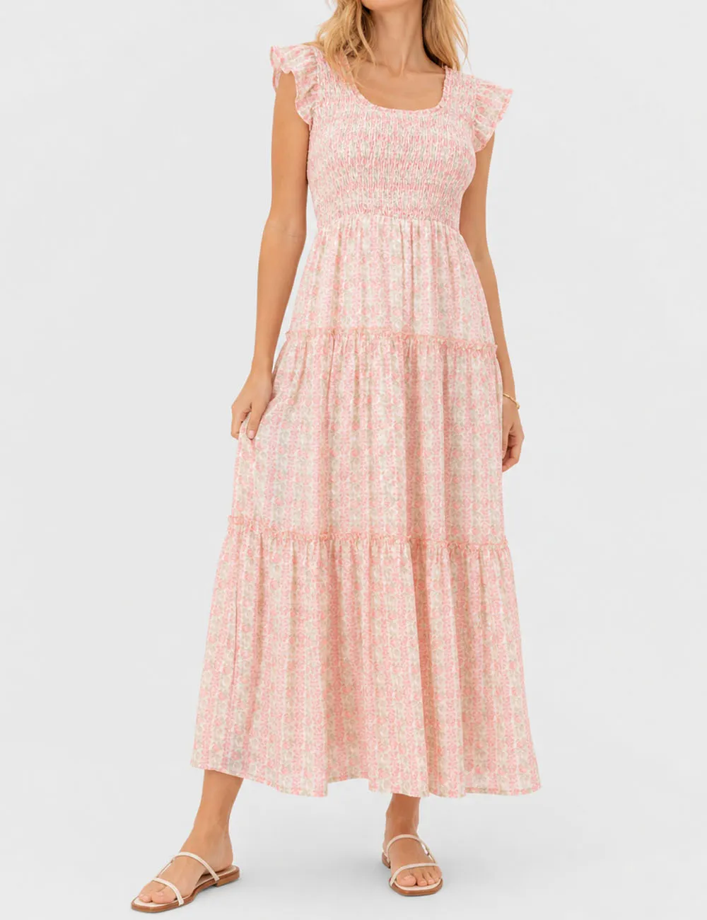 Ruffle Sleeves Tiered Hem Smocked Maxi Dress