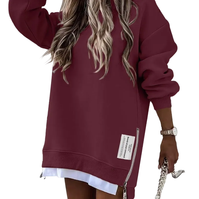 Womens Long Sleeve Pullover Sweatshirt Zipper Slit Casual Dress