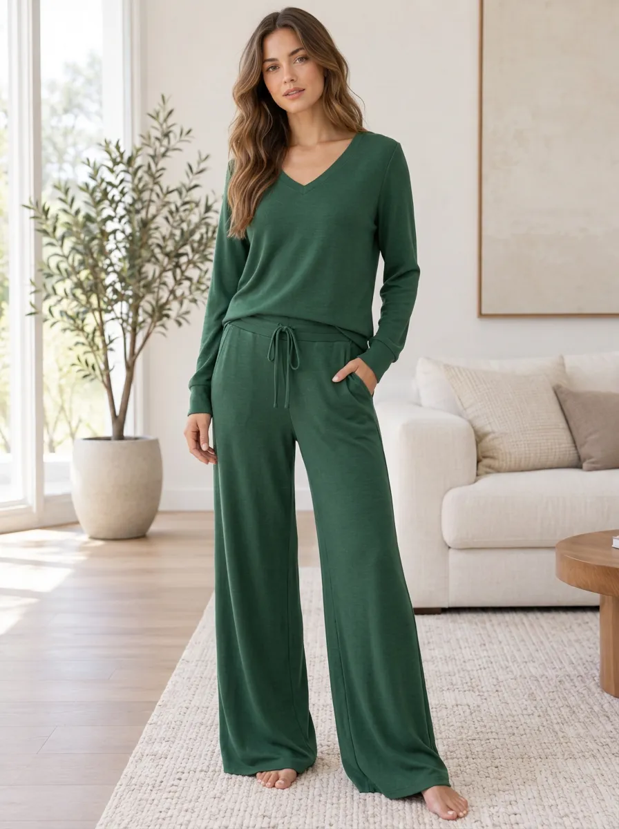 Women's Leisure Lounge V-Neck Wide Leg Pajama Set