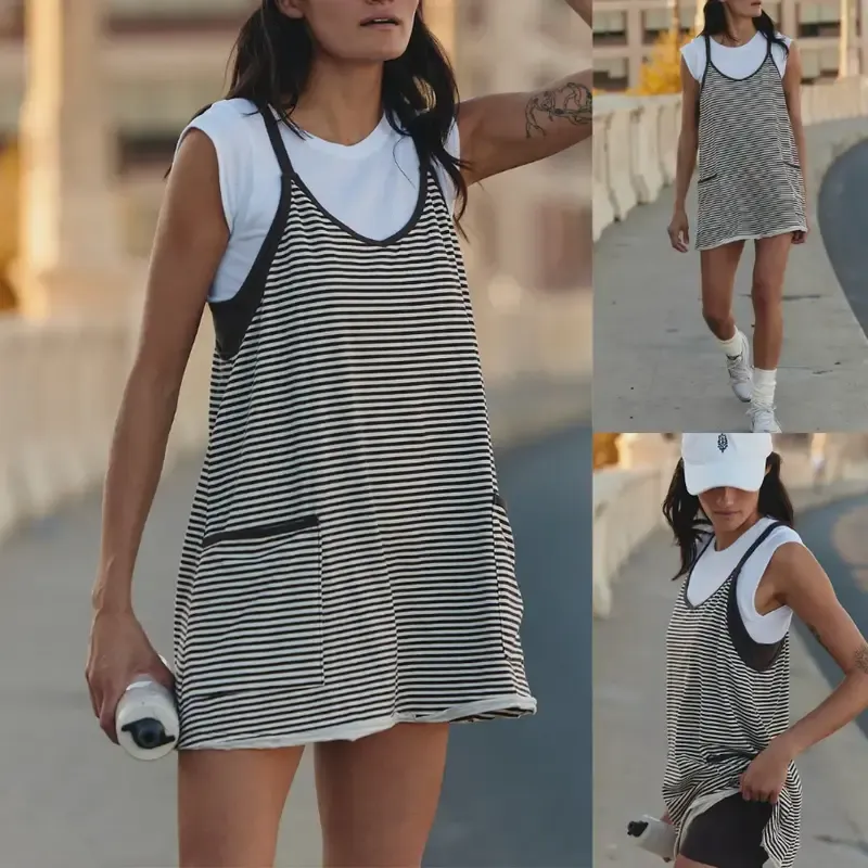 Women's Summer Athletic Mini Dress Sleeveless V Neck Built-in Shorts