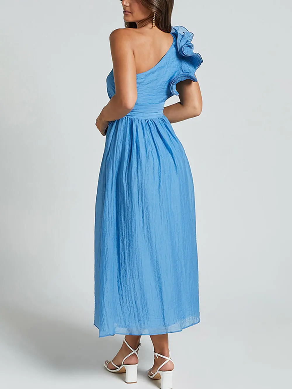 Romantic Seaside One Shoulder Frill Detail Midi Dress