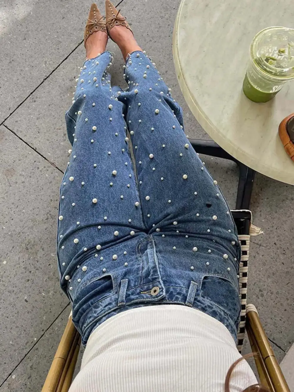 Pearl Embellished High Waist Straight Leg Denim Jeans