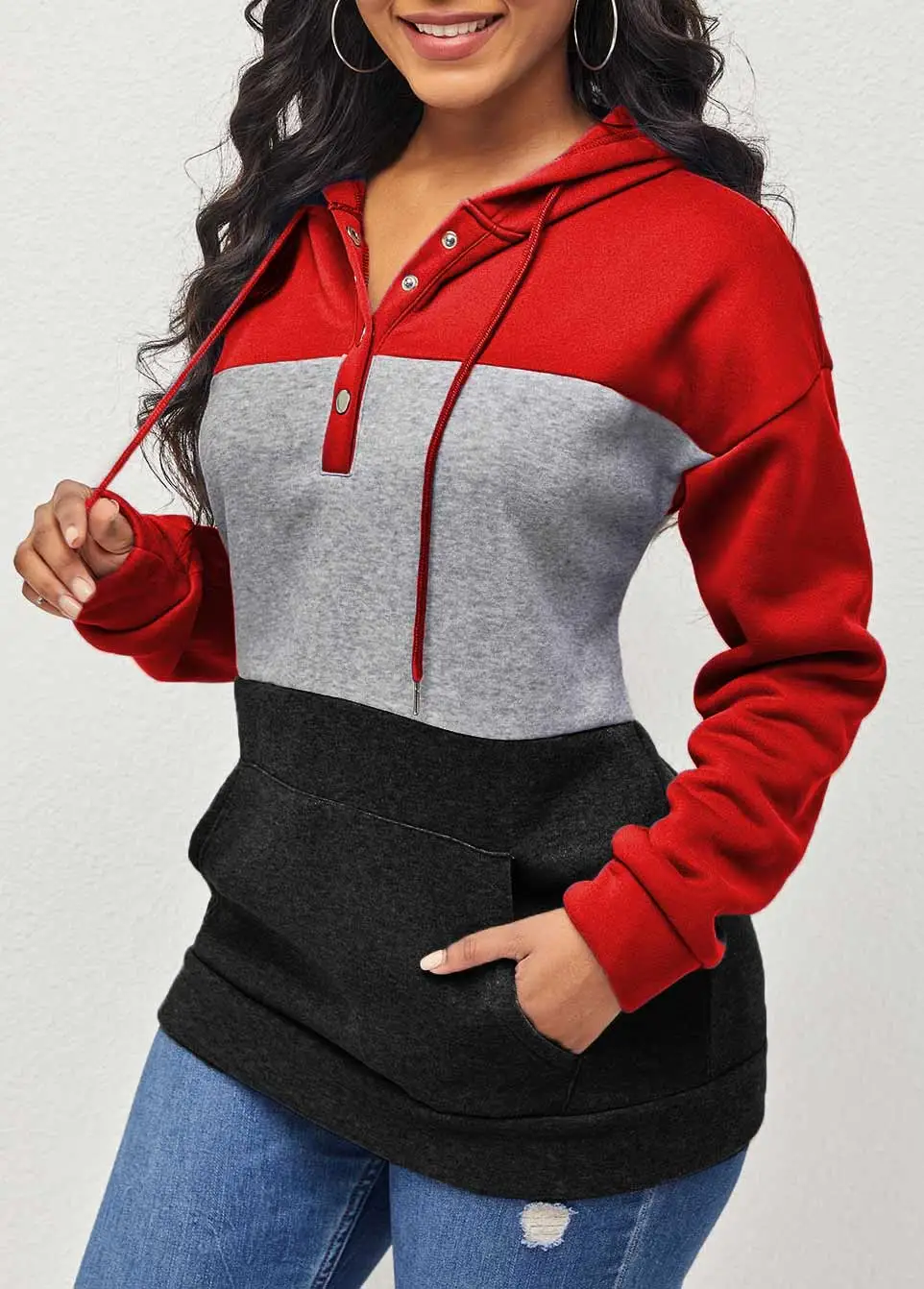 Contrast Kangaroo Pocket Drawstring Red Hoodie