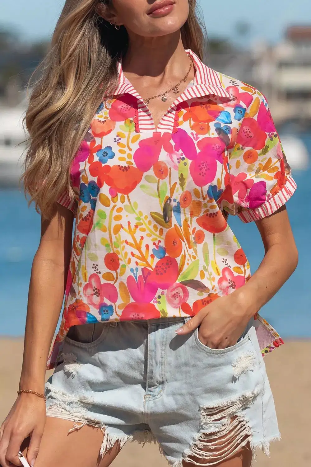 V-Neck Collared Striped Blouse