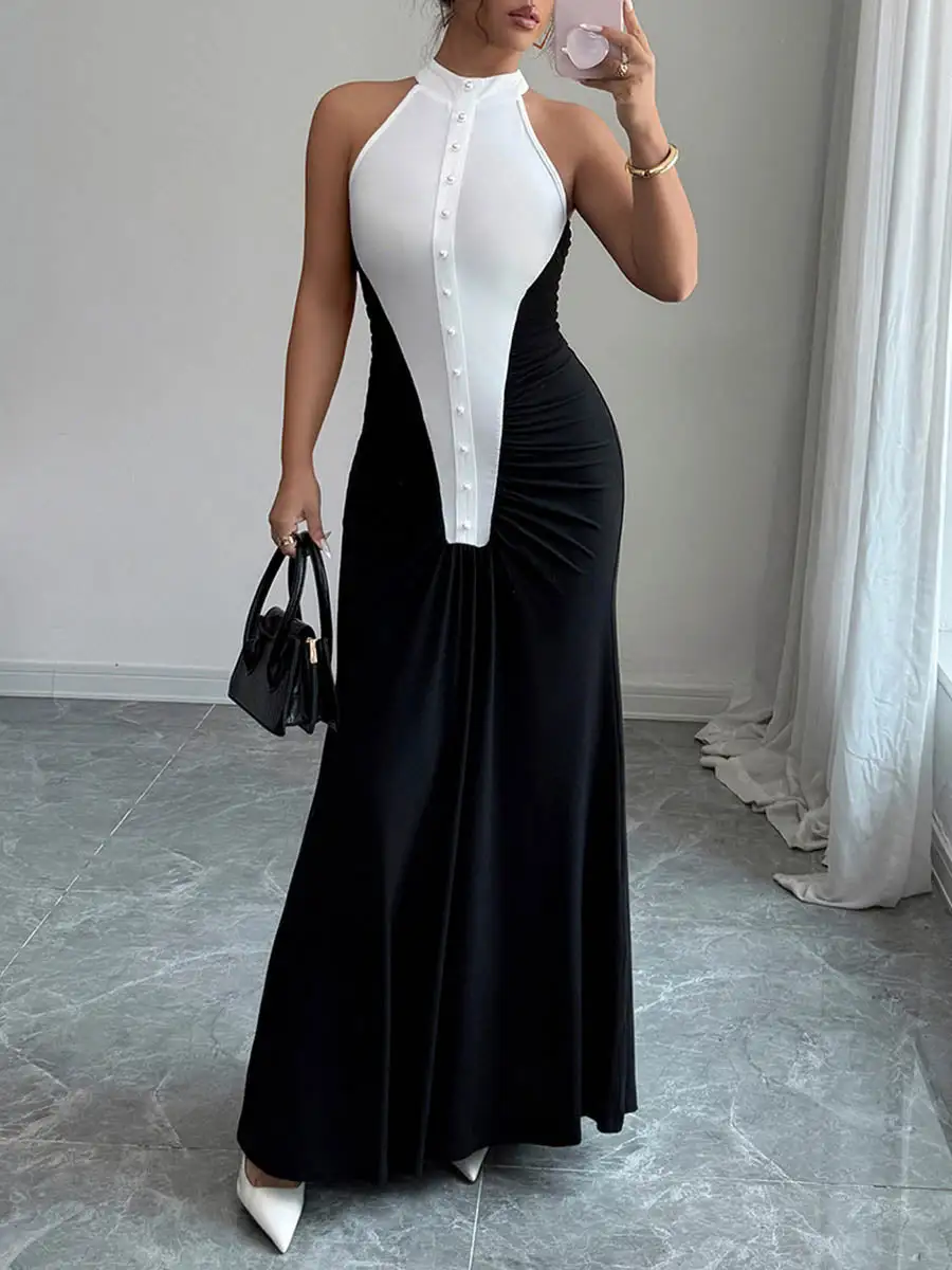 High Pleated Buttoned Sleeveless Neck Maxi Dress