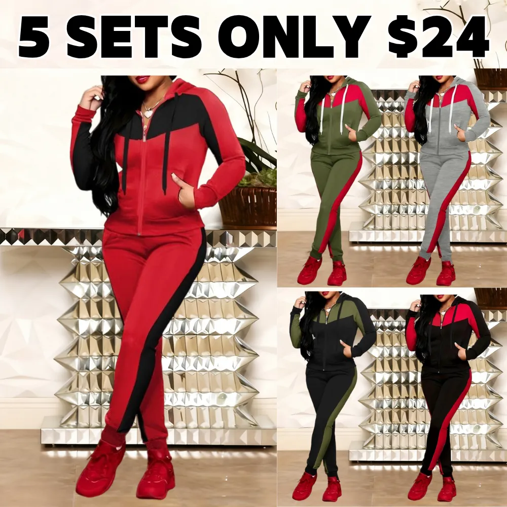 Two-Piece Set Women's Colorblock Zip Up Hoodie & Pocket Pants