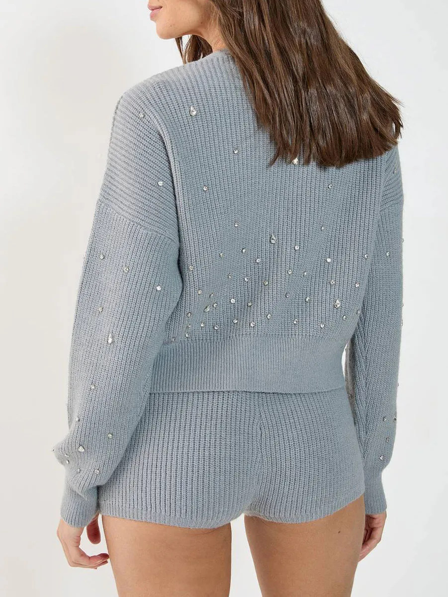 Women'S Light Gray Rhinestone-Accent Knit Shorts