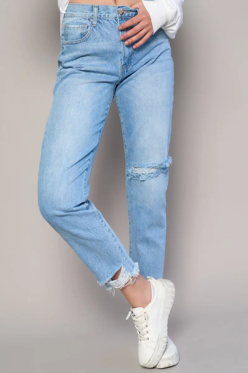 Women's High Waist Frayed Hem Distressed Girlfriend Rigid Denim Jeans