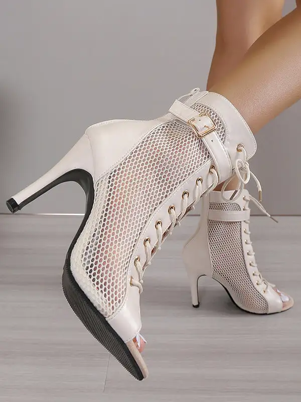 Buckle Cutout Lace-Up Peep-Toe Panel Detail Zip Heeled Sandals