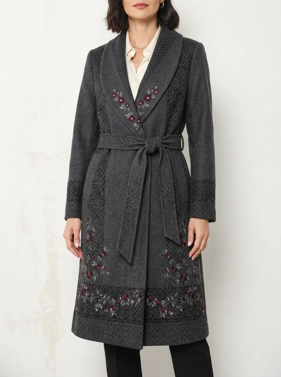 Women's Floral Geometric Pattern Embroidered Belted Wool Coat