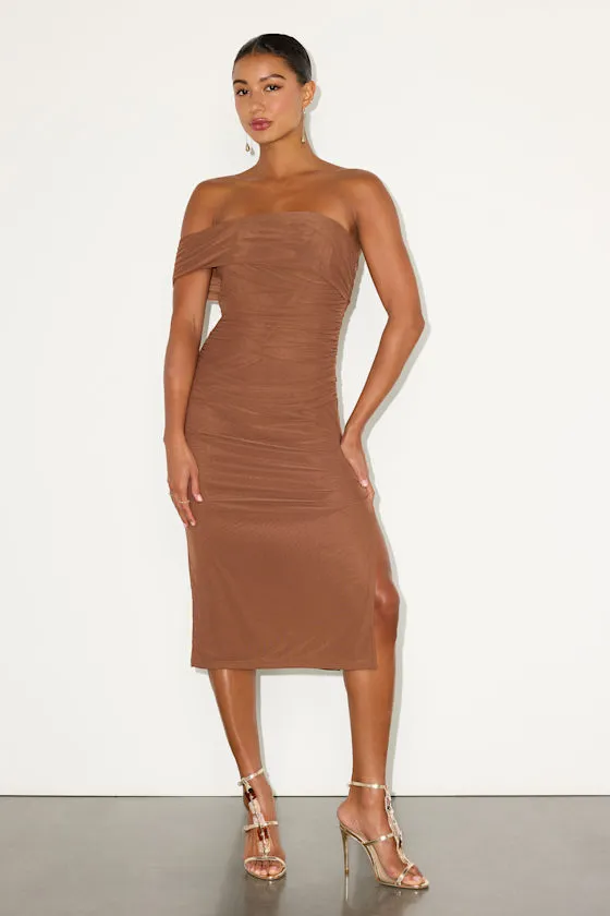 Jayleen Brown Mesh One-Shoulder Midi Dress