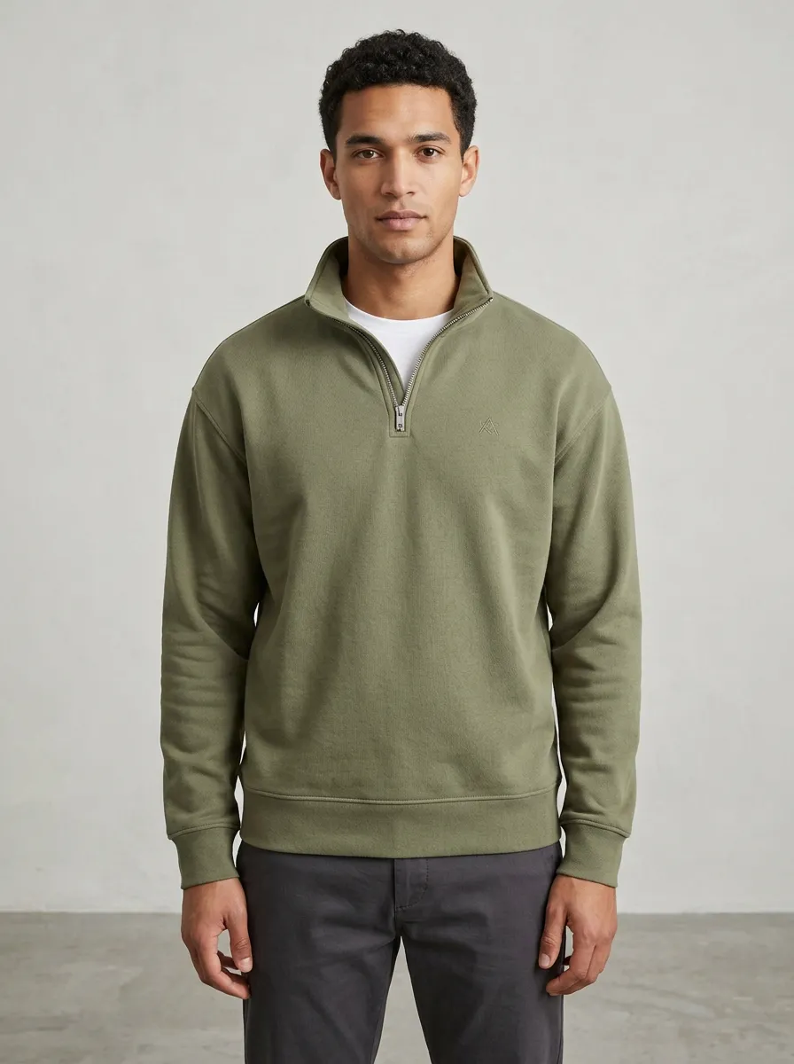 Men's Refined Minimalist Textured Embroidered Emblem Quarter-Zip Sweatshirt