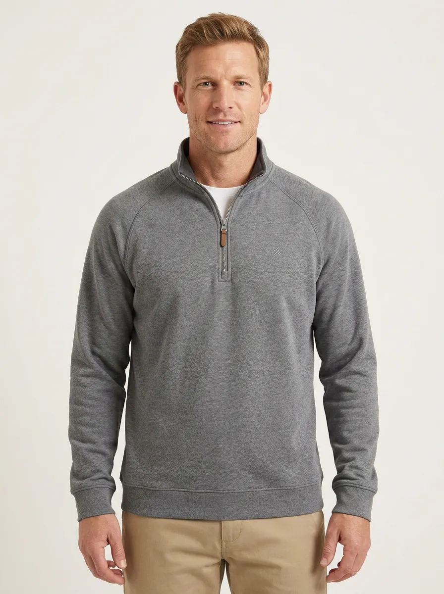 Men's Modern Minimalist Textured Raglan Embroidered Emblem Stand-Collar Quarter-Zip Sweatshirt