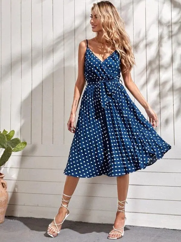 Women Polka Dot Wrap Belted Cami Dress