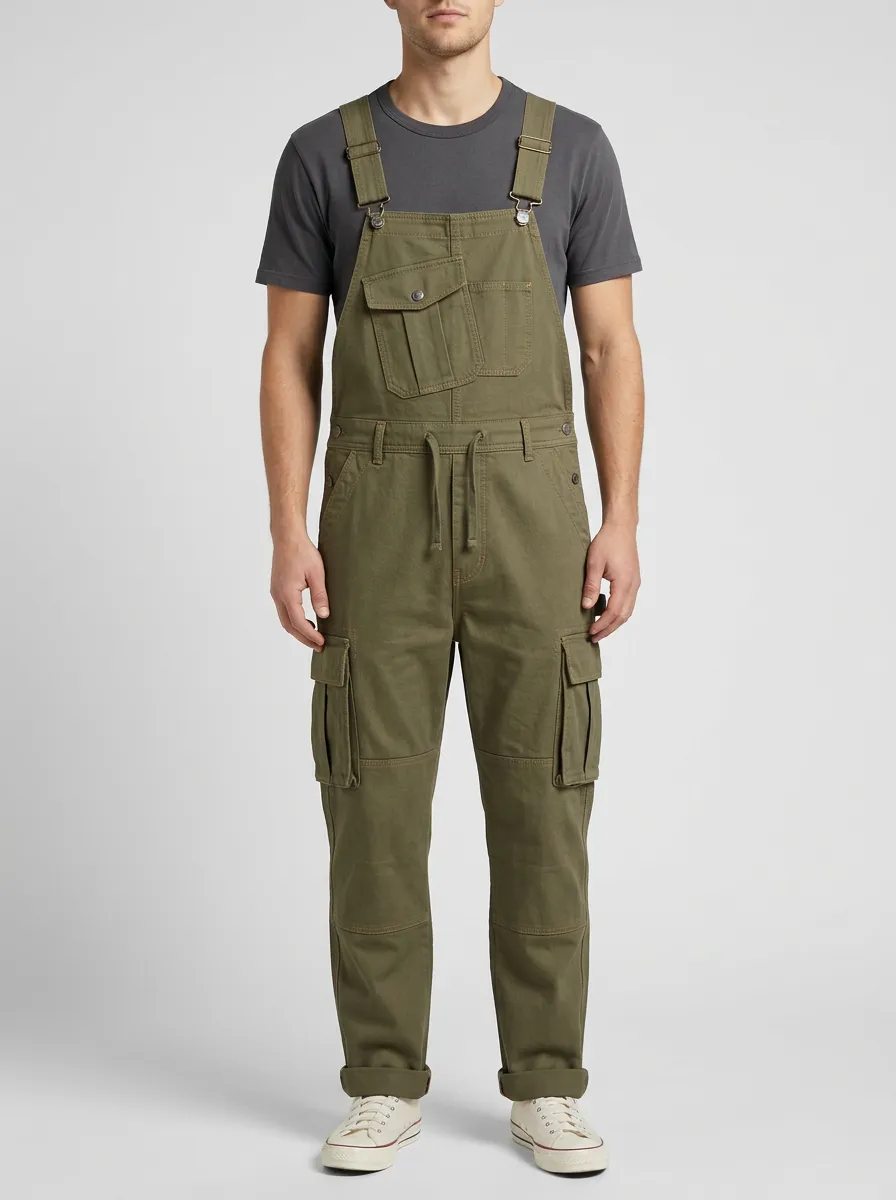 Men's Military Olive Green Drawstring-Waist Cargo Overalls