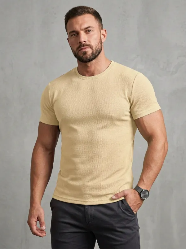 Casual Ribbed Textured Crew Neck Layering Style Men's Slim Fit Short Sleeve T-Shirt