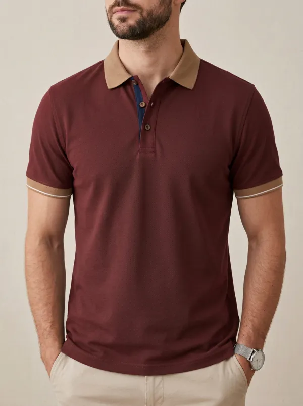 Men's Knit Ribbed Textured Striped Contrast-Collar Contrast-Trim Polo Shirt
