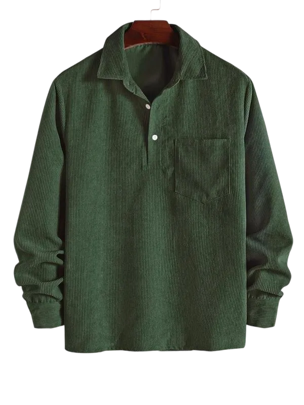 Men's Plain Pocket Half Button Corduroy Shirt, Casual Comfy Regular Fit Long Sleeve Collared Top For Fall & Winter, Men's Clothes For Daily Wear