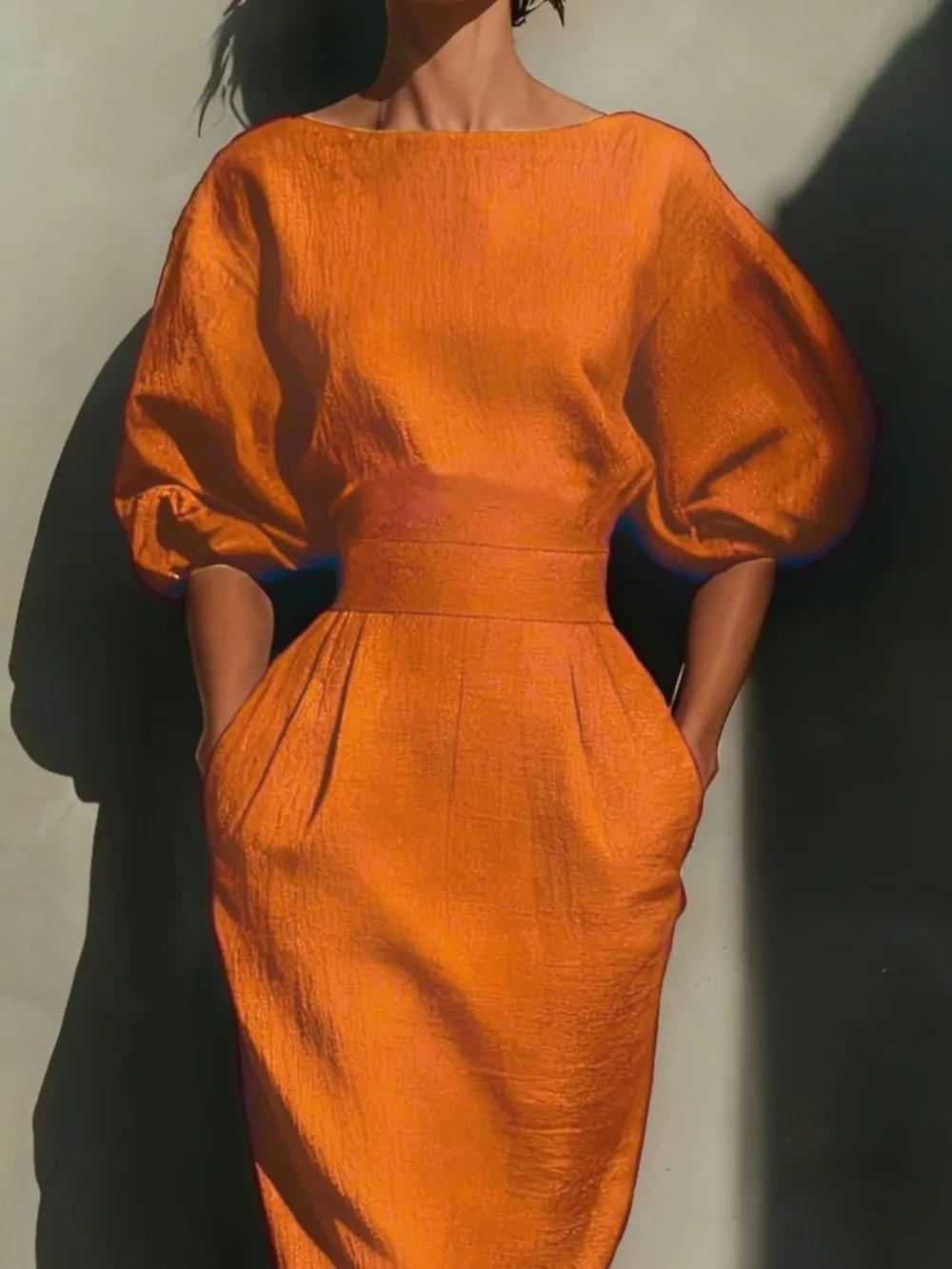 Round Neck Puff Sleeve Midi Dress