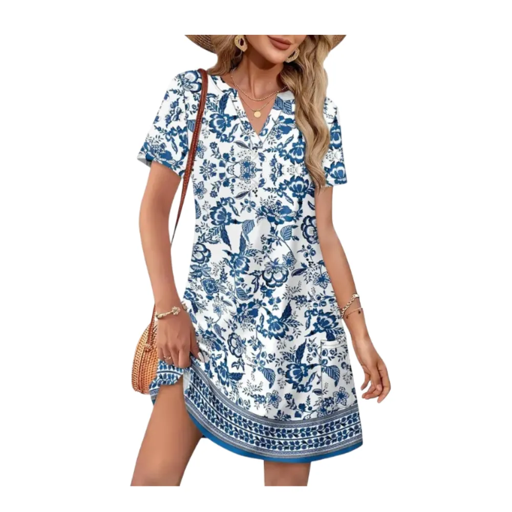 Women’s Summer Casual Dress – V-Neck Short Sleeve Beach Dress
