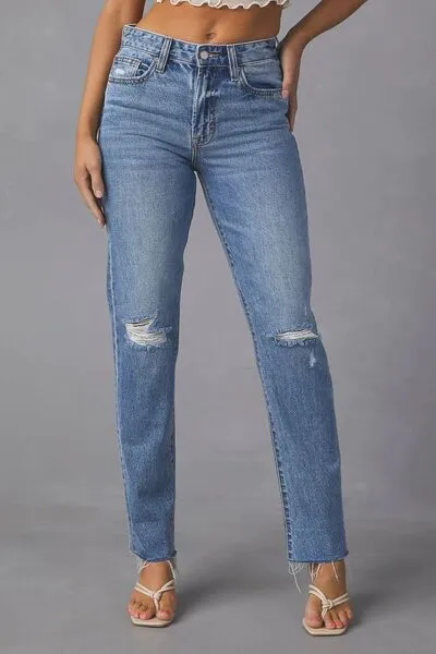 Balanced Straight Leg Raw Hem Distressed Denim Jeans