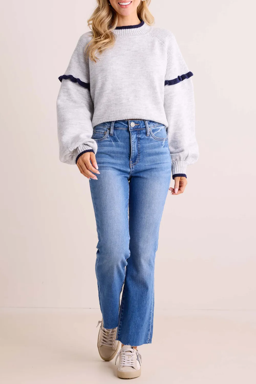 Grey Contrast Trim Crew Neck Long Sleeve Sweater