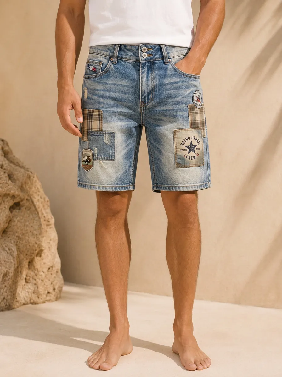 Men's Retro Urban Star Plaid Patchwork Printed Denim Shorts