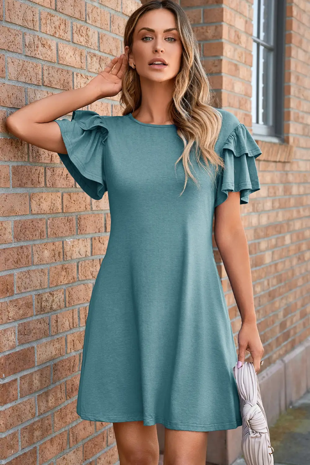 Round Neck Ruffle Short Sleeve Dress Casual