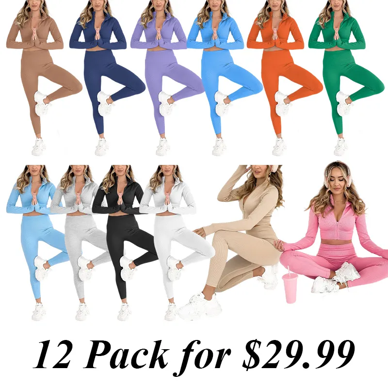 12PACK-Women's Stylish Solid Color Top and Pants Two Piece Set