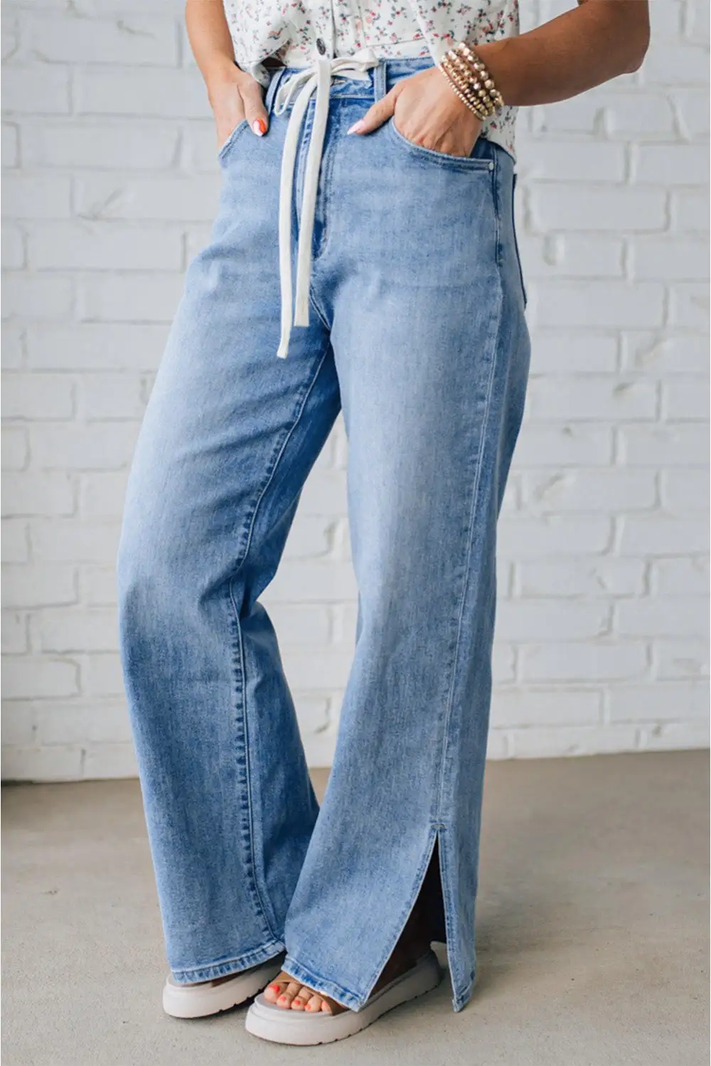 Slit Leg High Rise Drawstring Casual Jeans