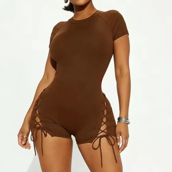 Short Sleeve Lace Ribbed Lace Up Romper