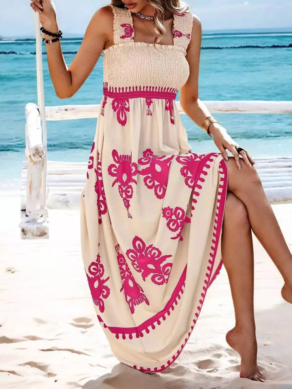 Printed Square Neck Smocked Maxi Dress