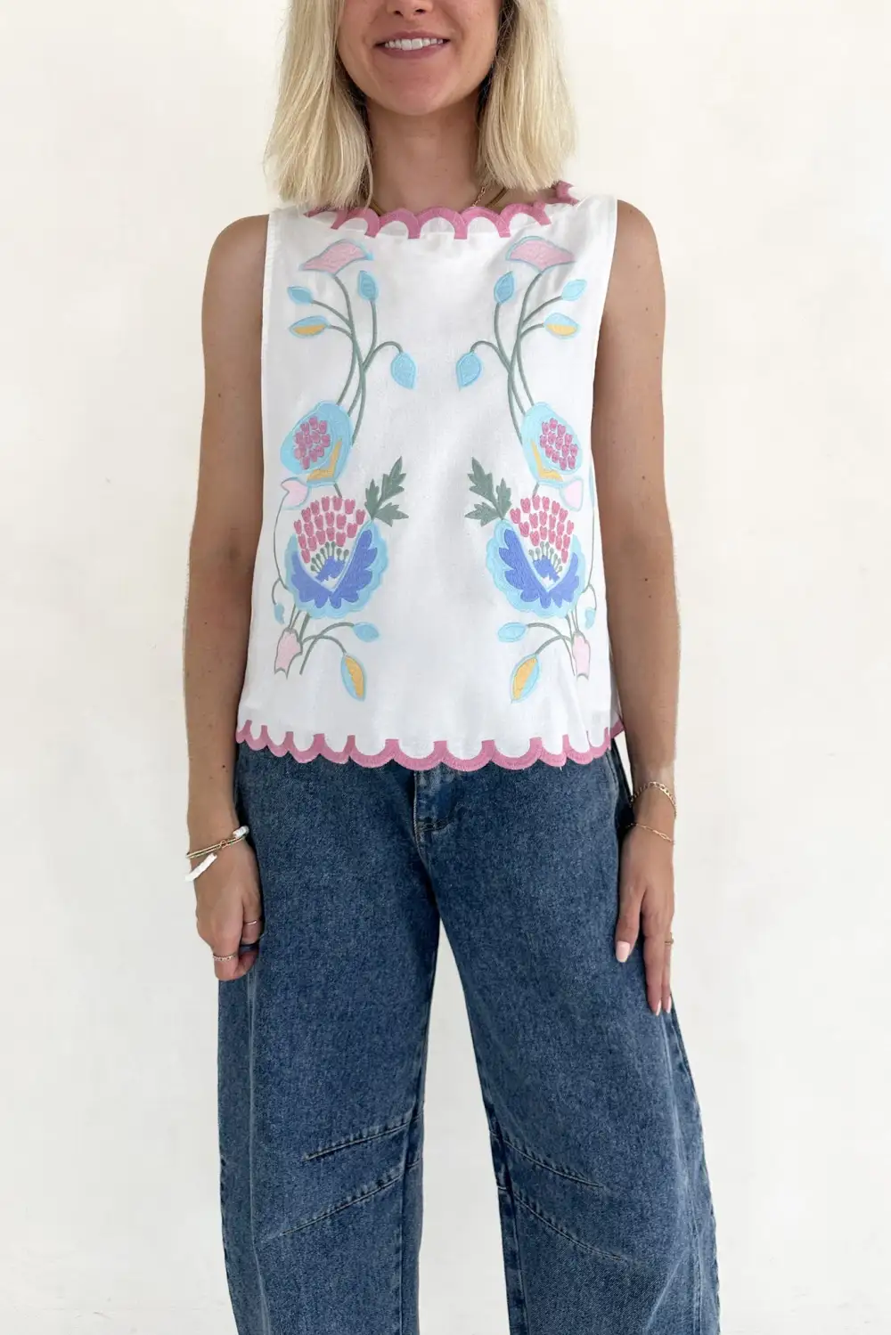 Modern Floral Embroidered Sleeveless Top