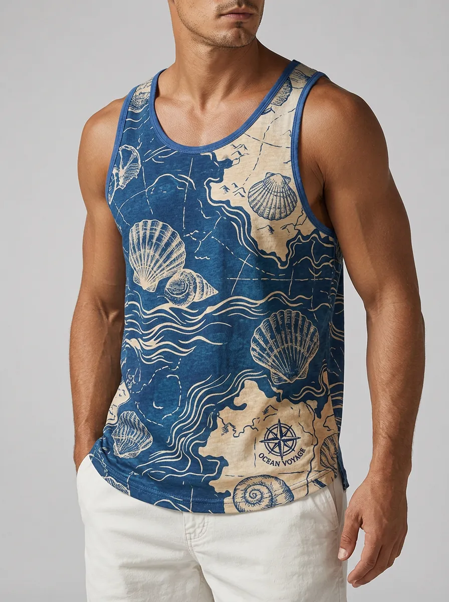 Men's Nautical Ocean Voyage Seashell Printed Tank Top