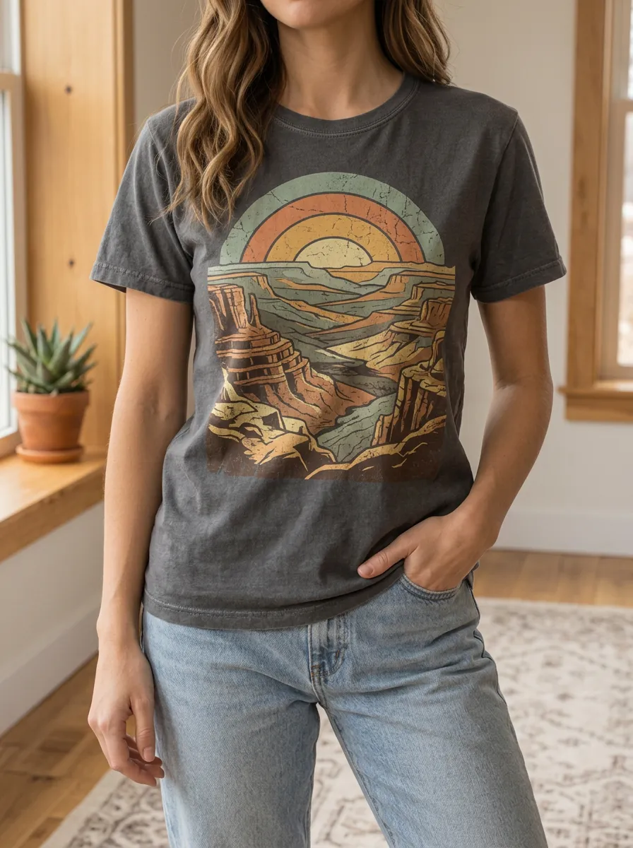 Women's Retro Canyon Sunset Nature Printed T-shirt